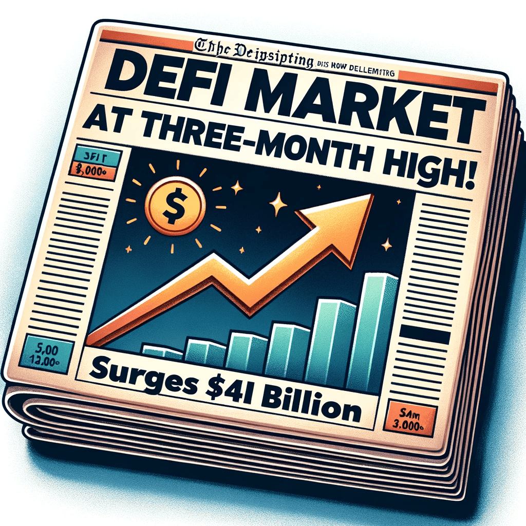 DALL·E 2023 10 30 18.08.02 Illustration of a newspaper front page with a headline reading DeFi Market at Three Month High and a subheading Surges to 42 Billion. The accomp