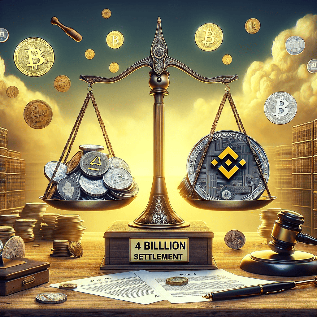 DALL·E 2023 11 21 12.24.07 A conceptual representation of Binance nearing a 4 billion settlement with the Department of Justice symbolizing a turning point for cryptocurrency