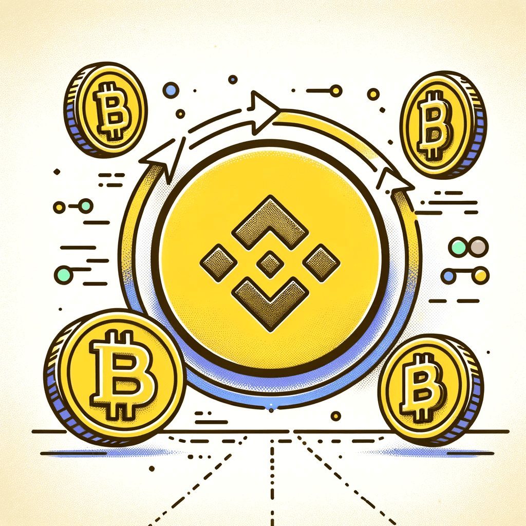 DALL·E 2024 01 18 13.16.37 Create a simple illustration featuring the Binance logo in the center. Around it Bitcoins are illustrated in a minimalistic style appearing as if th