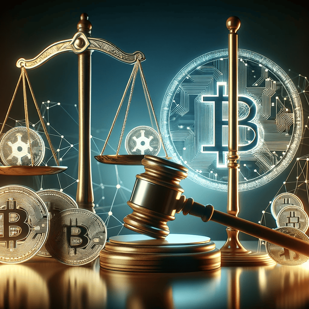 DALL·E 2024 01 25 14.50.07 A symbolic representation of legal challenges in the cryptocurrency industry featuring a gavel scales of justice and abstract elements representing