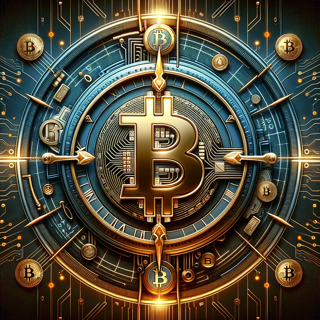 DALL·E 2024 02 07 23.47.49 Design an image that combines the Bitcoin logo with a clock symbolizing the countdown to the Bitcoin Halving event. The clock should be intricately d
