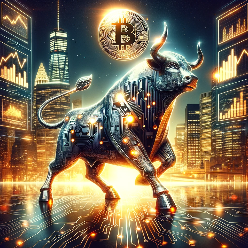 DALL·E 2024 02 15 16.39.16 A sophisticated digital art piece depicting a bullish financial market scene specifically focusing on Bitcoin ETFs. The artwork features a majestic m