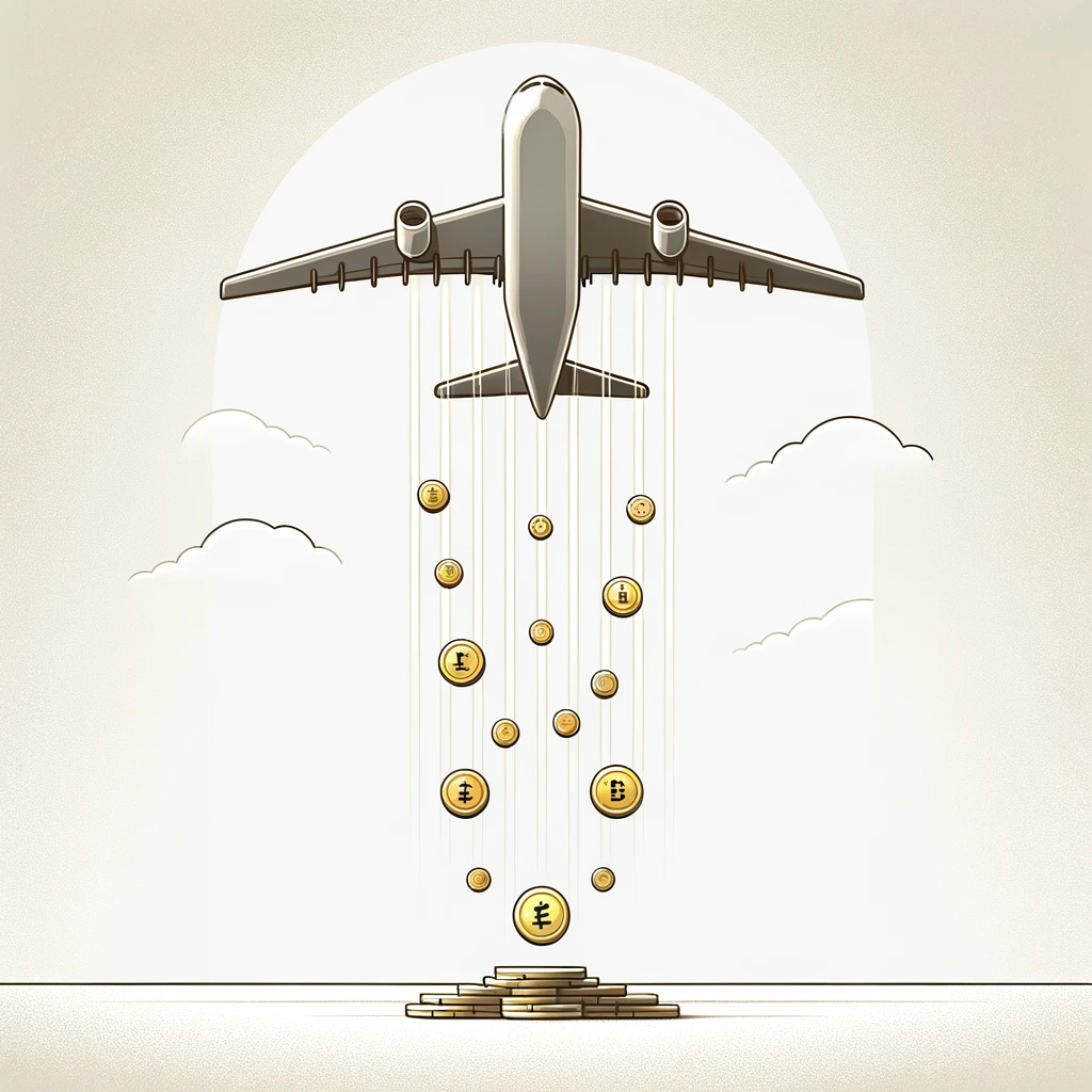DALL·E 2024 02 21 17.11.33 A minimalistic illustration of an airplane flying across a clear sky dropping a stream of coins below. The scene captures the essence of cryptocurren