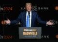 FILE PHOTO: Republican presidential nominee and former U.S. President Donald Trump gestures at the Bitcoin 2024 event in Nashville, Tennessee, U.S., July 27, 2024. REUTERS/Kevin Wurm/File Photo