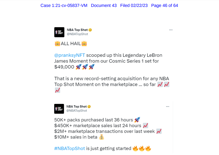 Tweeturile postate de NBA Top Shot menționate de judecător
