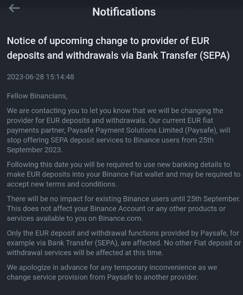 Partenerul bancar al Binance pentru Euro își va încheia suportul în septembrie